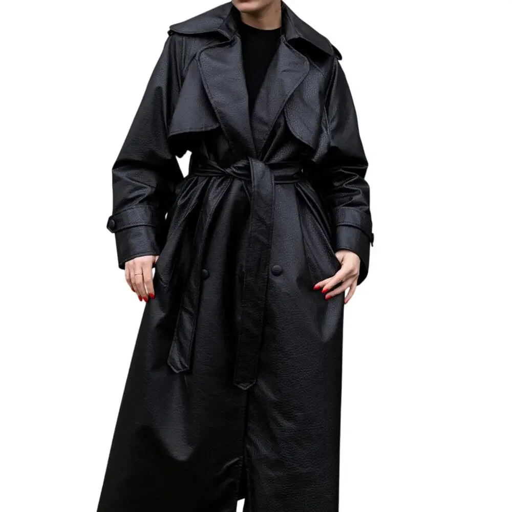 Black Faux Leather Trench Coat Women Long Belted Classic Jacket Stylish - Picture 3 of 12